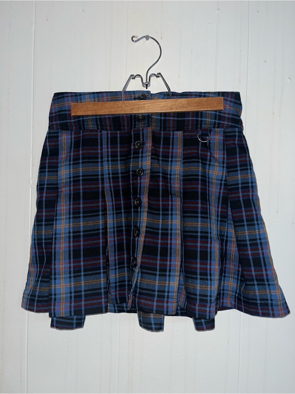 SO Navy Plaid Mini Skirt with Orange Accents